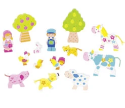 14 Figurines Bois : Personnages Et Animaux De La Ferme Colorés