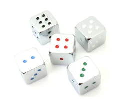 5 Dés D6 15 Mm Métal Argenté Et Points Colorés