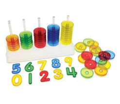 Abaque De Tri 30 Cm- Socle 5 Tiges + 50 Anneaux Translucides Colorés 5 Cm + 10 Chiffres