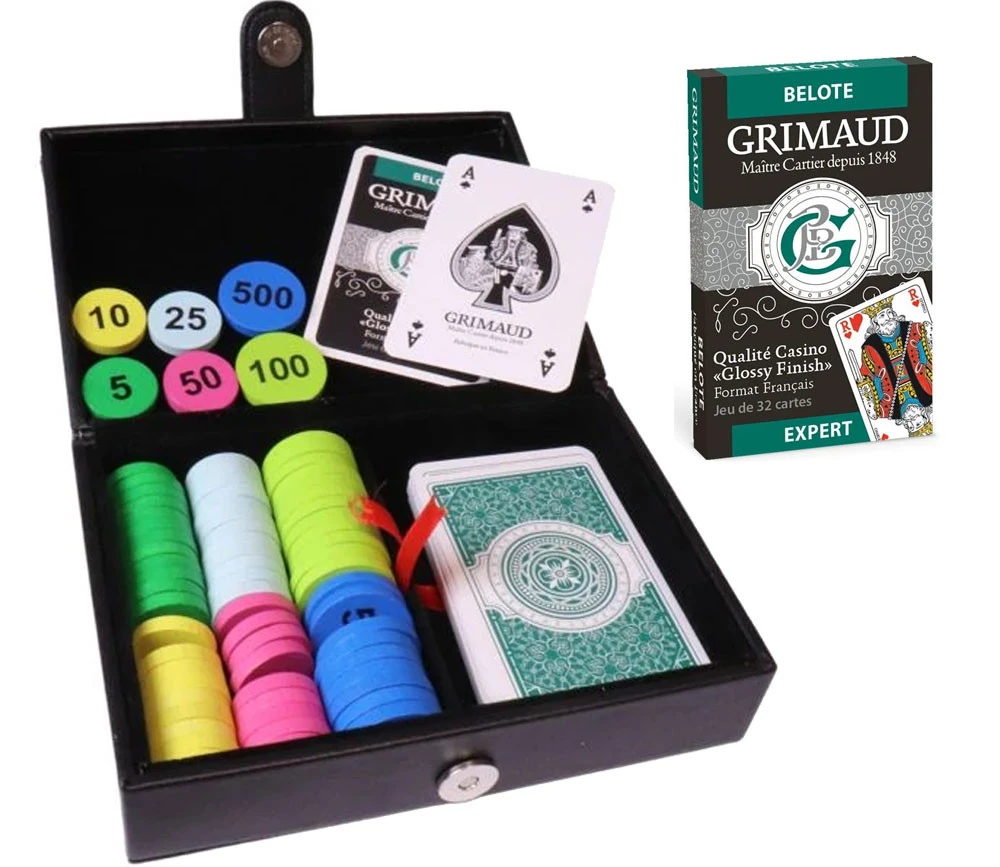 Coffret Jeu De Belote Luxe Avec Cartes Et Jetons Bois Façon Cuir - Grimaud
