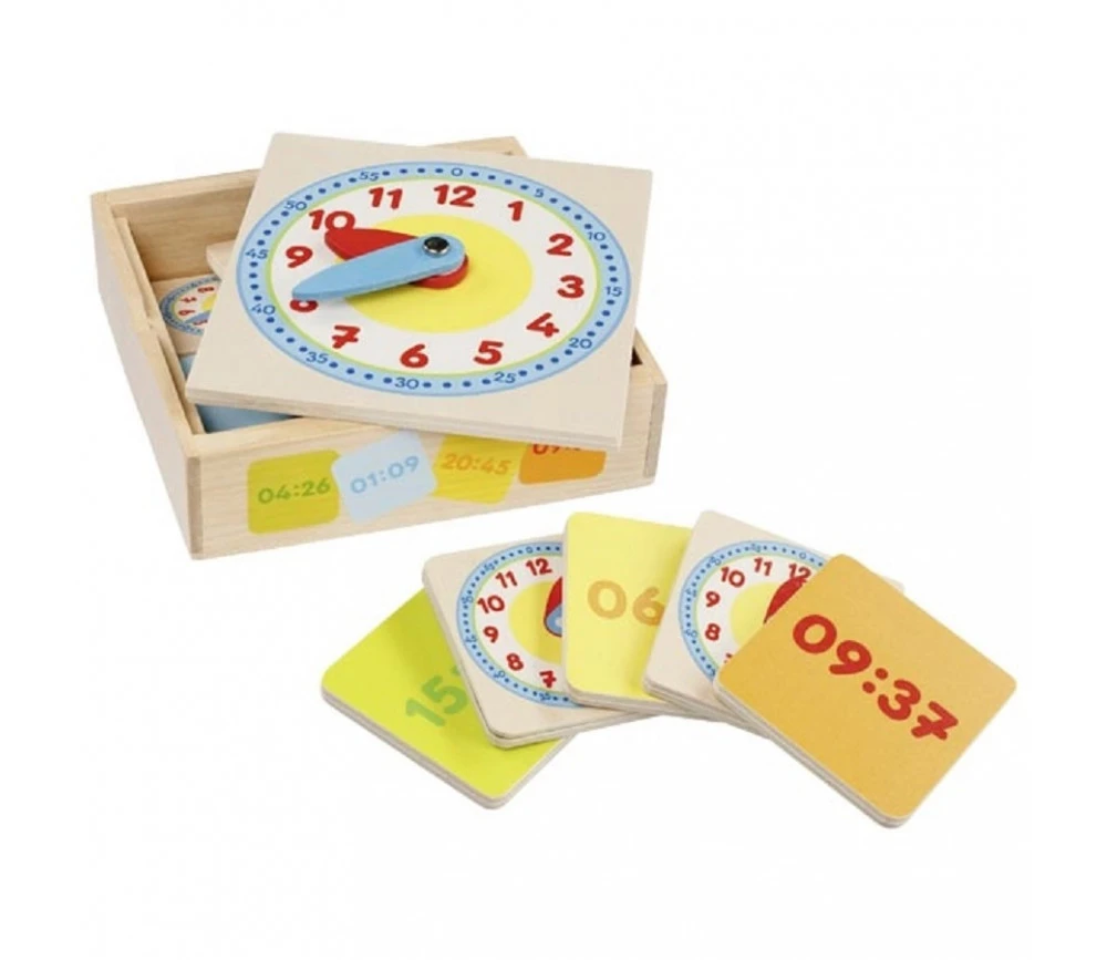 Apprentissage De L'heure En Bois - Horloge + 12 Cartes Jeu