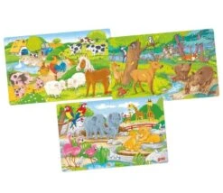 3 Puzzles 24 Pièces En Bois Animaux 27 X 17 Cm
