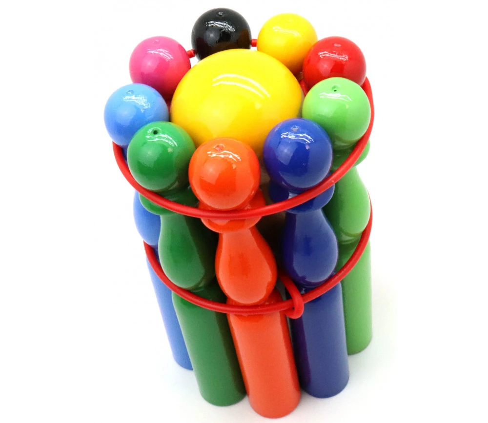 Jeu 9 Quilles Bois Multicolores 19 Cm + 2 Boules – Image 2