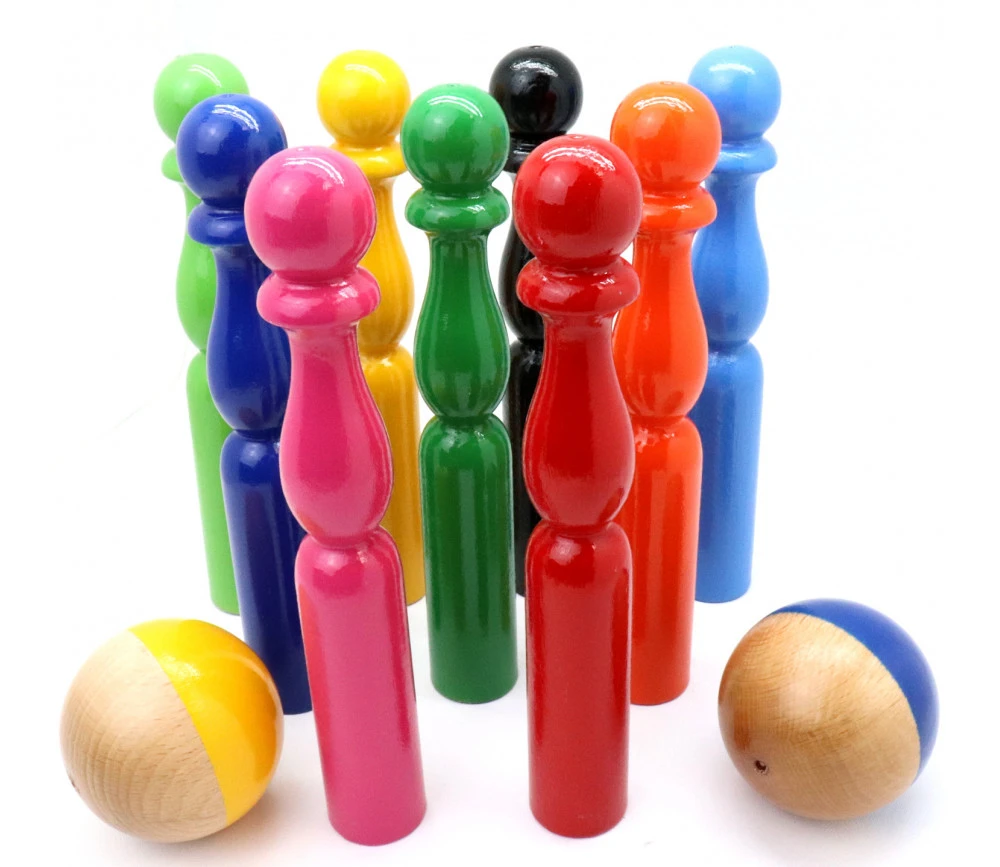 Jeu 9 Quilles Bois Multicolores 19 Cm + 2 Boules – Image 5