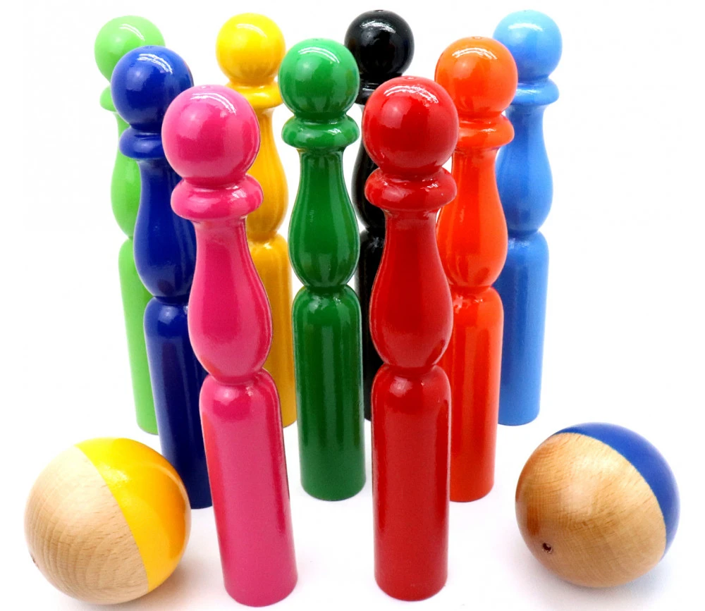 Jeu 9 Quilles Bois Multicolores 19 Cm + 2 Boules