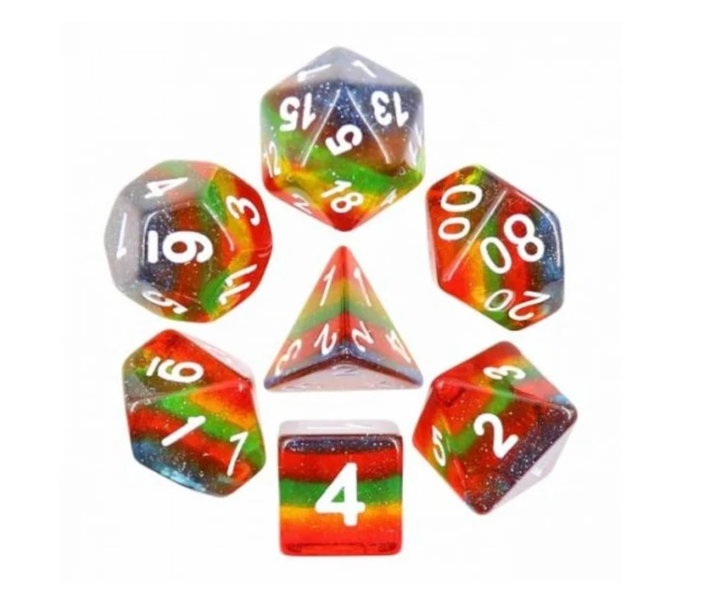 Set 7 Dés Multi-faces Arc-en-ciel Paillette Translucide