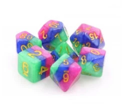 Set 7 Dés Multi-faces Jester's Gambit Rose, Vert, Bleu