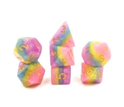 Set 7 Dés Multi-faces Multicolores : Violet Bleu Jaune Rose